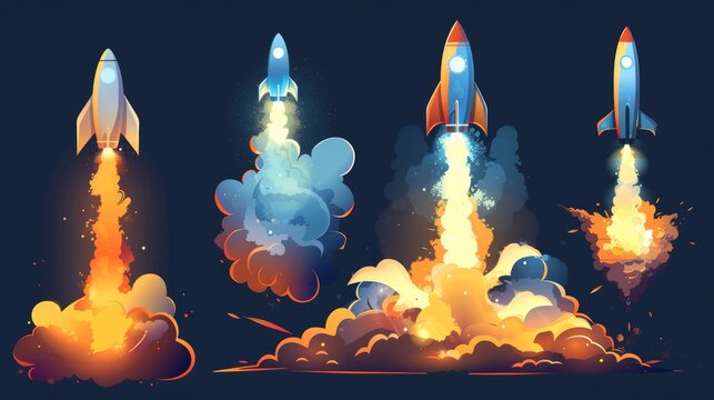 Imaginary rocket launch trail with fire and smoke. Cartoon comic modern illustration set of explosion or blast flame and steam trace. Speed aircraft light burst and fog or vapor trail tail.