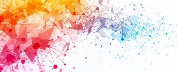 Vibrant abstract image with a network of interconnected lines and dots spanning across a rainbow spectrum