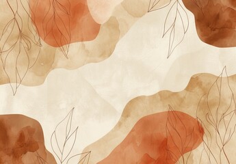 A modern and elegant graphic design with wavy patterns and leaf outlines overlaid on a soothing earth-tone background