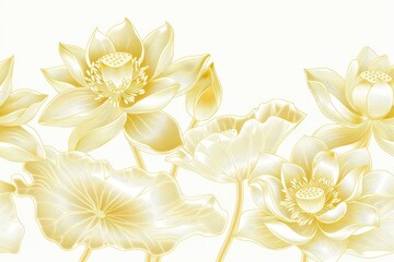 Gold colored lotus flowers and leaves against a white background, embodying purity and enlightenment