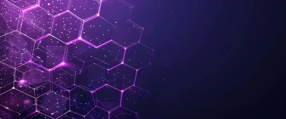 Deep purple background with a network of interconnected hexagonal shapes with pink accents, symbolizing connectivity and data