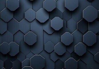 A sleek, modern design featuring a pattern of dark hexagons arranged in a 3D effect on a black background, conveying a sense of technology and sophistication