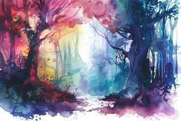 Explore a mysterious enchanted forest through a Kawaii creative futuristic charismatic watercolor painting