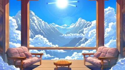 In this cartoon drawing of a high house with a wood terrace or balcony, there are rocky snowy mountain peaks above clouds against a blue sky with sun.