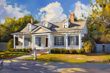 Colonial Revival Style House (Oil Painting) - United States in late 19th and early 20th century, characterized by a symmetrical design, columns & pediments inspired by colonial architecture - obrazy, fototapety, plakaty