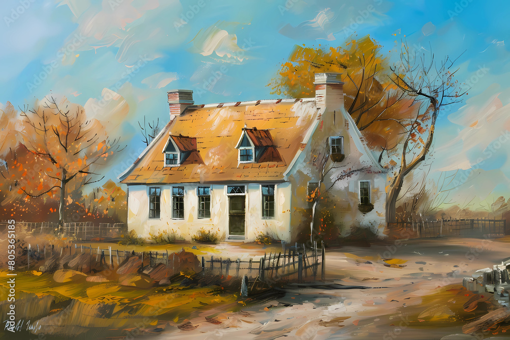 Wall mural Dutch Colonial Style House (Oil Painting) - Originated in the early 18th century in the United States, characterized by a gambrel roof, flared eaves, and a central front door