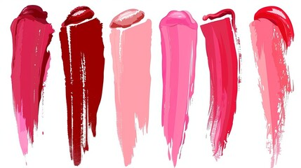 This colorful modern illustration set illustrates a painted lip product brush smudge made of glossy cream paint. This lipgloss or lacquer swatch includes a red and pink lipstick or nail polish