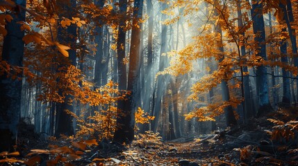 An enchanting forest scene with sunrays piercing through the trees onto the vibrant autumn foliage