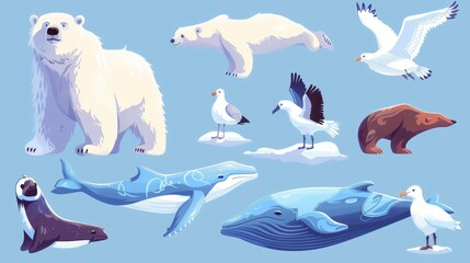 Animals of the North Pole in cartoon modern illustration set - cute toon white bear, wolverine with brown fur, big blue striped whale, and flying albatross or seagull. Polar and arctic wildlife