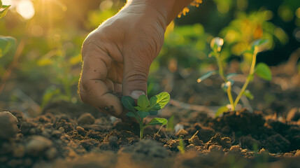 Fototapeta premium A closeup picture of a man trying to plant a sapling or a plant in the soil with evening sunshine in the background