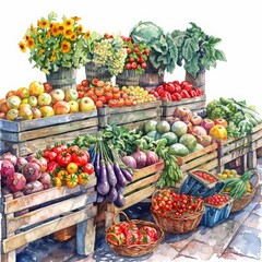 In this watercolor painting, a lively farmer s market scene brims with fresh produce and flowers, Clipart minimal watercolor isolated on white background