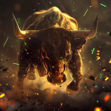 A picture of strong bull charging forward. A symbol of strong bull market rally in Stock market. Financial theme.