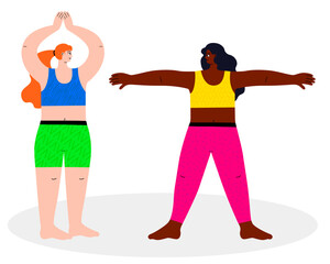 A vibrant illustration featuring two active women doing yoga. The illustration is hand-drawn and created in a flat vector style to depict people. Isolated on a white background.