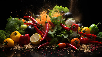 Colorful Explosion of Ingredients and Spices Against On Blurry Black Background