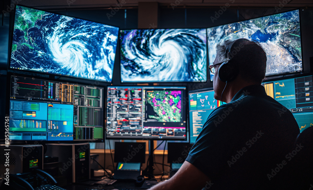 Wall mural meteorologist analyzing severe climate events on advanced display systems in operations center