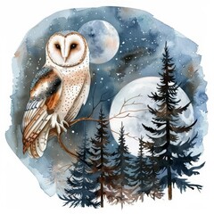 Fototapeta premium In this watercolor painting, an owl perches quietly in a moonlit forest, Clipart minimal watercolor isolated on white background
