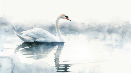 In this watercolor painting, an elegant swan glides across a misty lake at dawn, Clipart minimal watercolor isolated on white background