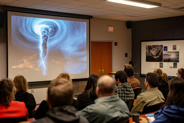 Engaged Audience Observes Tornado Presentation on Screen in Educational Lecture Room Setting