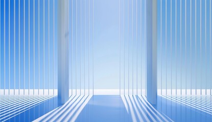 A serene and minimalist image of vertical blue lines creating an atmospheric depth and open space feel