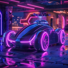 Concept car with integrated audio drones that fly around the interior, glowing with neon lights to provide personalized sound , high resolution