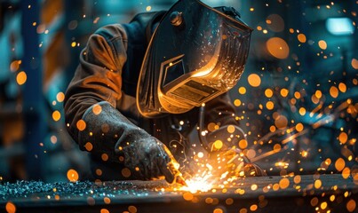 An adept welder, protected by gear, works with a torch emitting sparks.