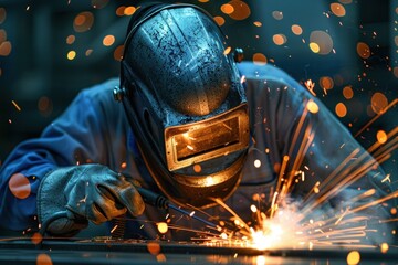 A seasoned welder in protective gear, including mask and gloves, with a welding torch casting bright sparks.
