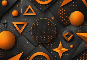 Vibrant composition with orange geometric shapes on a dark background, creating a dynamic and energetic effect
