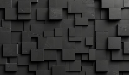 A monochromatic, dark-themed abstract background featuring various sizes of three-dimensional blocks