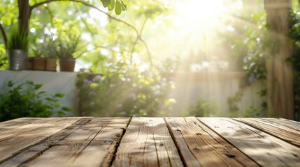 Wood dining table landscape with sunlight.