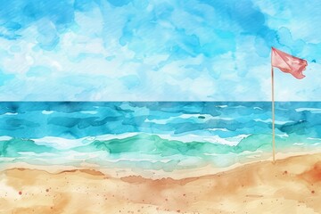 The allure of tropical beaches is captured in a creative watercolor template featuring a beach flag and azure waves
