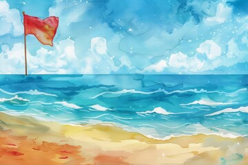 The allure of tropical beaches is captured in a creative watercolor template featuring a beach flag and azure waves