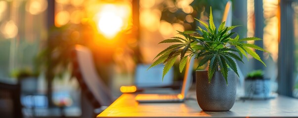 Green office initiative: indoor cannabis plant embodies workplace sustainability
