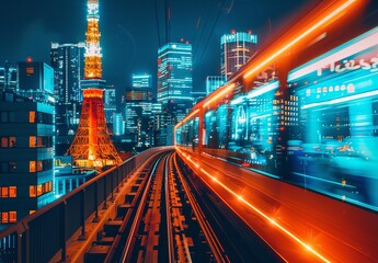 Fototapeta na wymiar This electrifying image captures a cityscape at night with vivid speed light trails and urban vibrancy