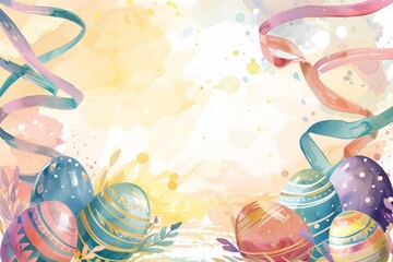 The creative watercolor template featuring pastel Easter eggs and ribbons evokes the playful spirit of spring festivities