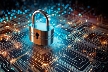 Cybersecurity. padlock on a background of electronic circuits. AI Generated