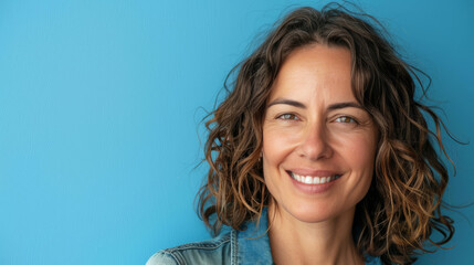 Naklejka premium A woman with curly hair is smiling and looking at the camera
