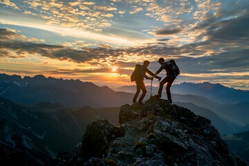 "Hiker Helping Friend Reach the Mountain Top - Inspirational Teamwork Vector Image"