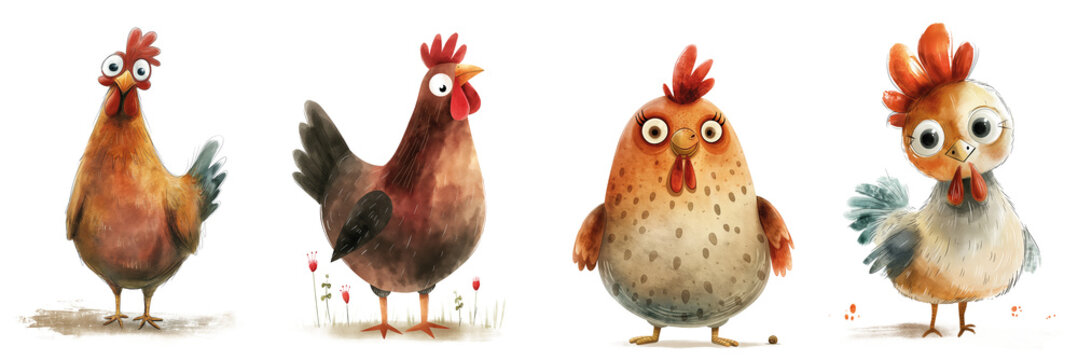 Cartoon chicken collection on transparent background. Watercolor illustrated book style. Farm animals