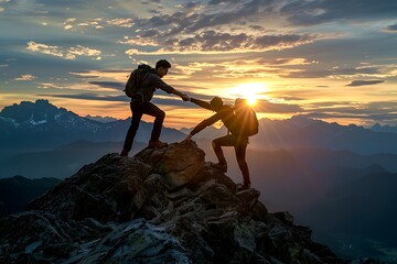 "Hiker Helping Friend Reach the Mountain Top - Inspirational Teamwork Vector Image"