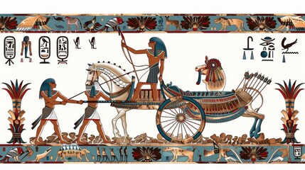 This is a cartoon illustration of an ancient Egyptian wall art or mural element. There are hieroglyphs, Egyptian culture symbols, ancient gods, chariots, as well as human figures on a white