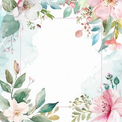 Fototapeta premium The wedding bridal invite is beautifully framed by pastel flowers in a Flat lay style