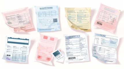Isolated modern representations of realistic shop receipts with barcodes, goods, and their prices, taxes, and VAT.