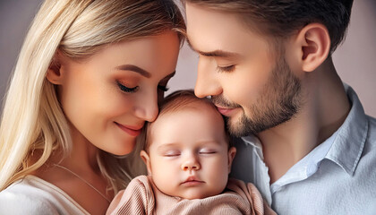 A serene portrait of parents with their happy, peaceful, and calm baby