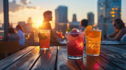 Cocktail hour at a chic rooftop bar as patrons enjoy craft cocktails and panoramic city views