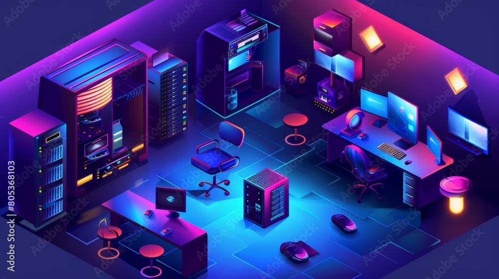 Poster the date center isometric concept modern illustration shows a server room with hardware racks or web