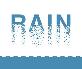 The word "Rain" dissolves into droplets. Drops of liquid fall out as precipitation. Destruction effect. Dispersion