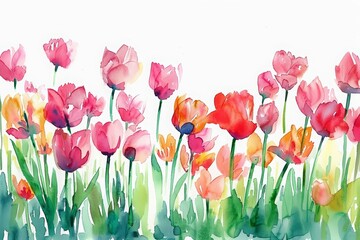 This watercolor painting captures a vibrant tulip field under a clear spring sky, Clipart minimal watercolor isolated on white background