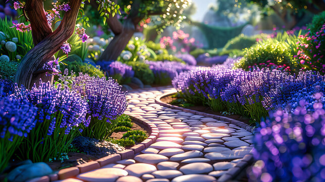 Serene garden path lined with colorful flowers and lush greenery, a peaceful walk through natures beauty