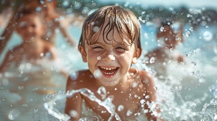 Craft an image capturing the joy of children splashing in clear waters