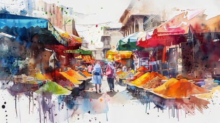 This watercolor painting features a bustling spice market with an array of colorful stalls, Clipart minimal watercolor isolated on white background
